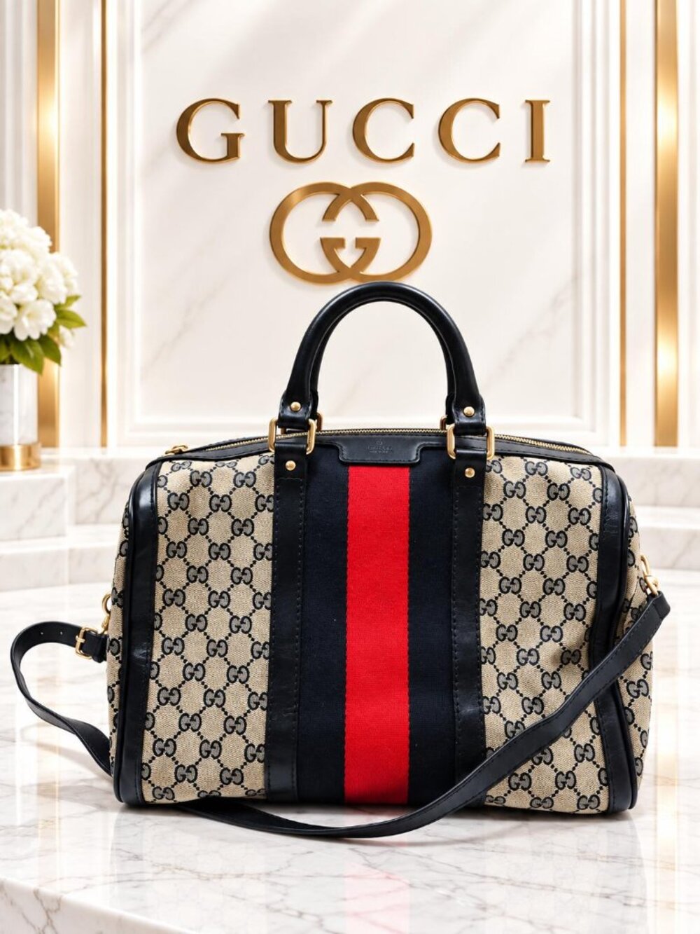 Authentic Gucci Vintage GG Monogram Web Stripe Boston Satchel Bag